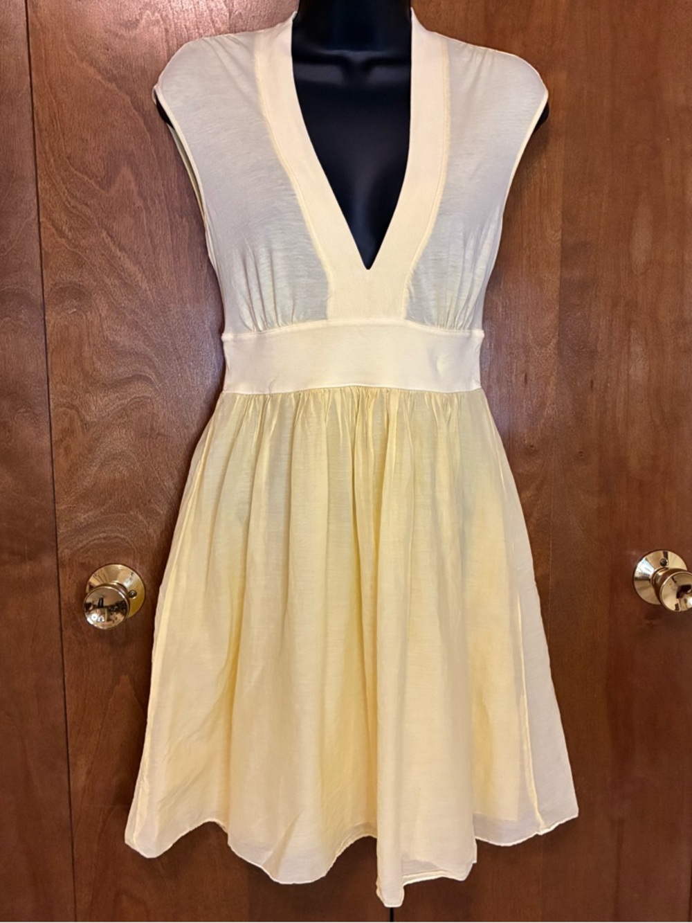 Three Dots Pale Yellow V-Neck Cotton Silk Voile Mini Dress